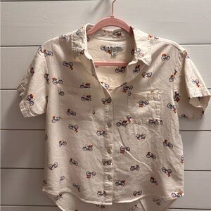Rae Dunn Beige Button-Down Shirt with Bicycle Pattern